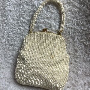Vintage Corde bead hand bag-made in US Ivory beaded-Retro bag gold tone frame.